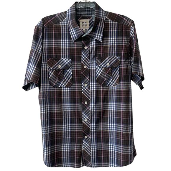 Paper Denim & Cloth Plaid Short Sleeve Collared Front Button Shirt Blue Multi L - Picture 7 of 7